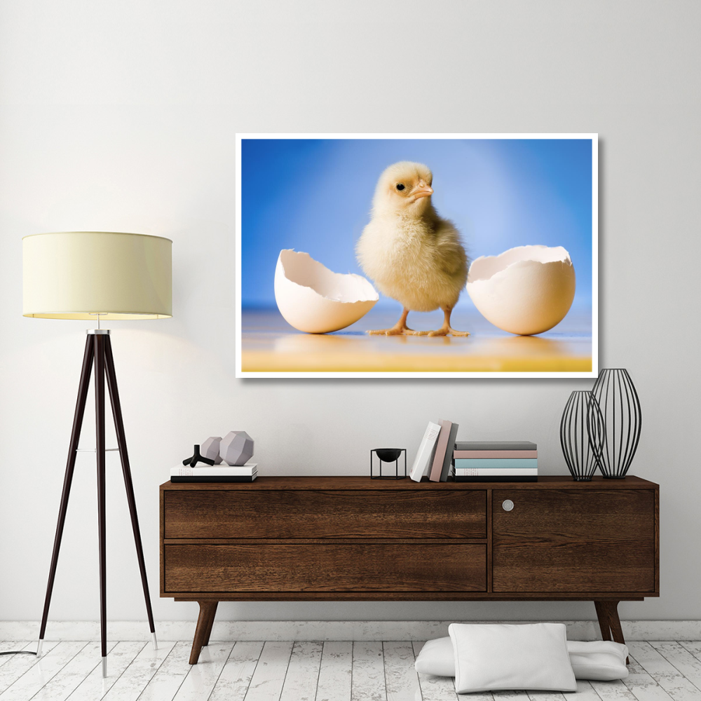 Domestic Chicken, banty morph, hatchling with egg shell-Paper Art-62&quotx42"