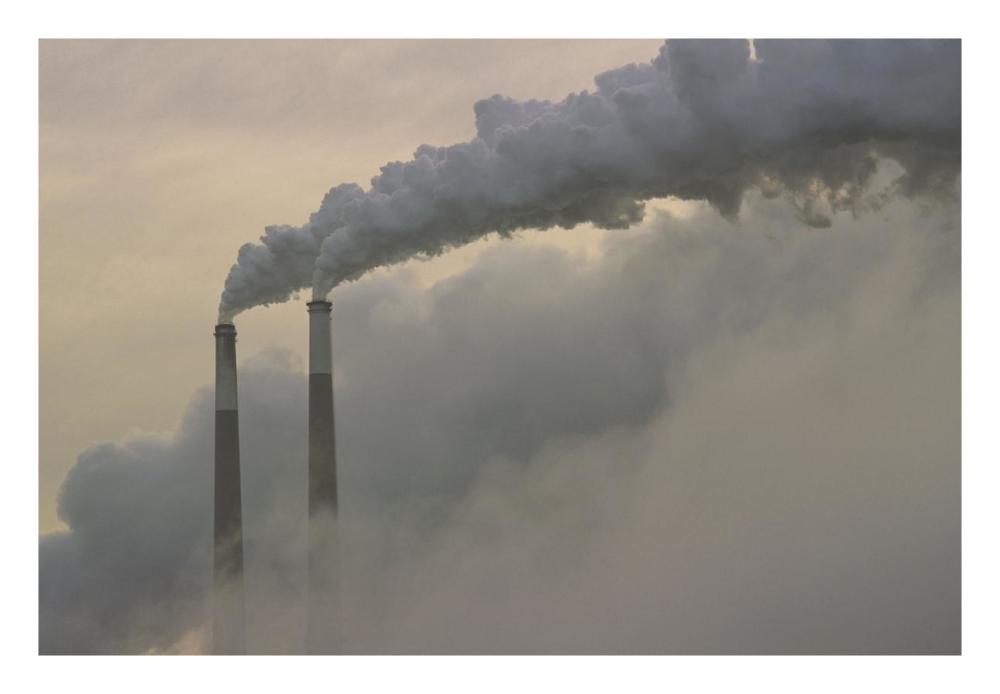 Gas effluence pouring out of smoke stacks at nuclear power plant, upper Ohio River, Ohio-Paper Art-26"x18"