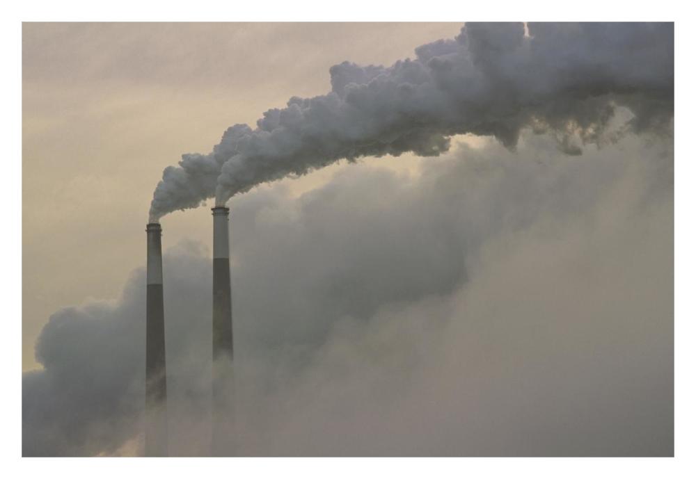 Gas effluence pouring out of smoke stacks at nuclear power plant, upper Ohio River, Ohio-Paper Art-32"x22"