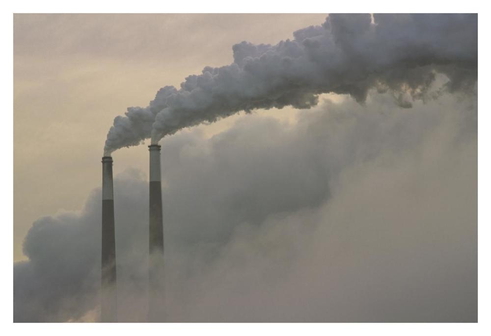 Gas effluence pouring out of smoke stacks at nuclear power plant, upper Ohio River, Ohio-Paper Art-38"x26"