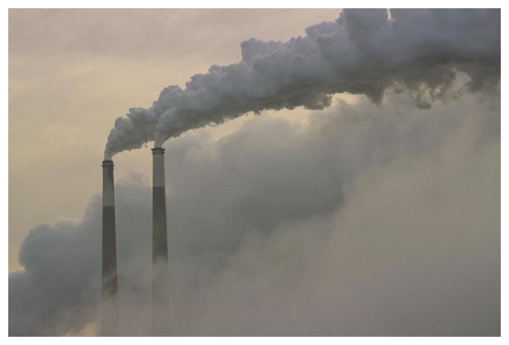 Gas effluence pouring out of smoke stacks at nuclear power plant, upper Ohio River, Ohio-Paper Art-62"x42"