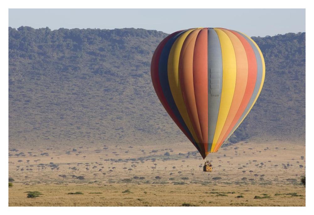 Hot air balloon over savanna, Masai Mara Triangle, Kenya-Paper Art-38"x26"