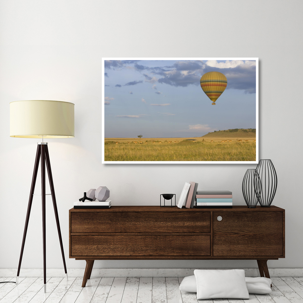 Hot air balloon flying over impala herd, Masai Mara Triangle, Kenya-Paper Art-62&quotx42"