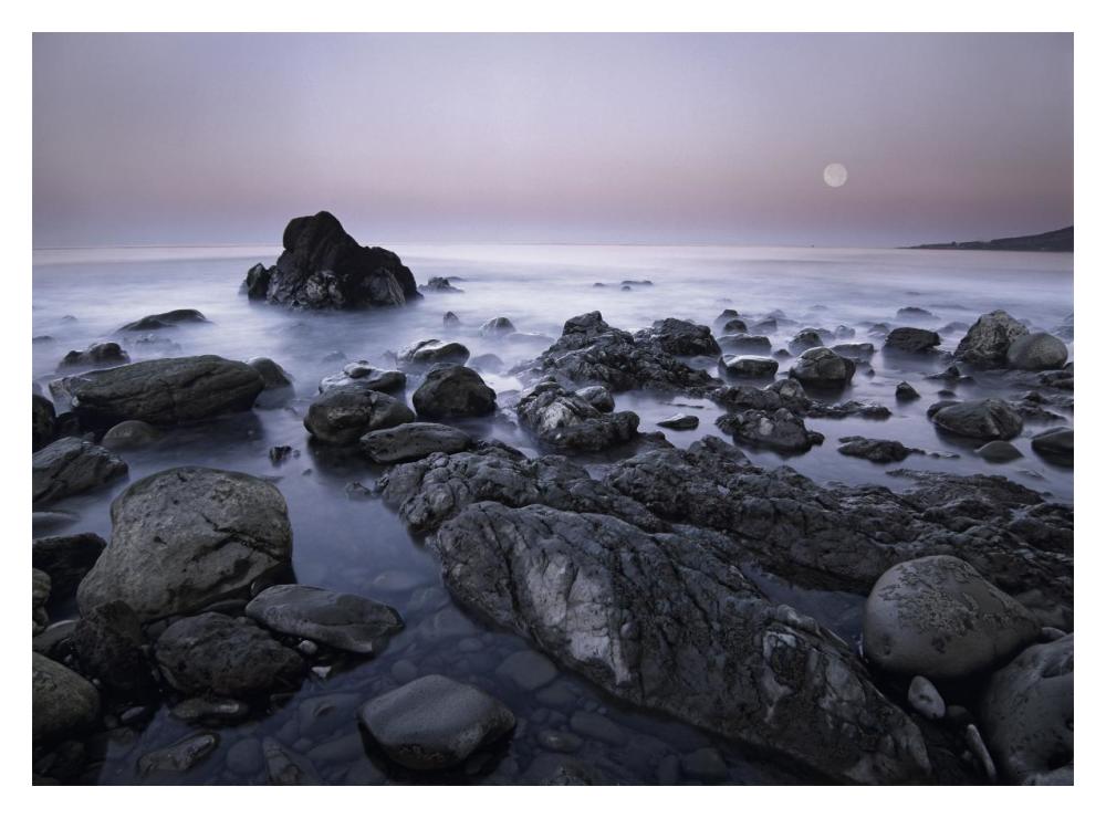 Full moon over boulders at El Pescador State Beach, Malibu, California-Paper Art-18"x14"