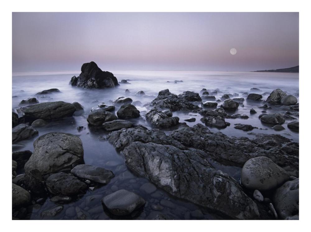 Full moon over boulders at El Pescador State Beach, Malibu, California-Paper Art-26"x20"