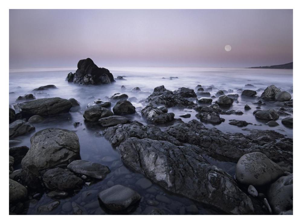 Full moon over boulders at El Pescador State Beach, Malibu, California-Paper Art-34"x26"