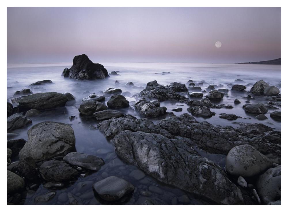 Full moon over boulders at El Pescador State Beach, Malibu, California-Paper Art-42"x32"