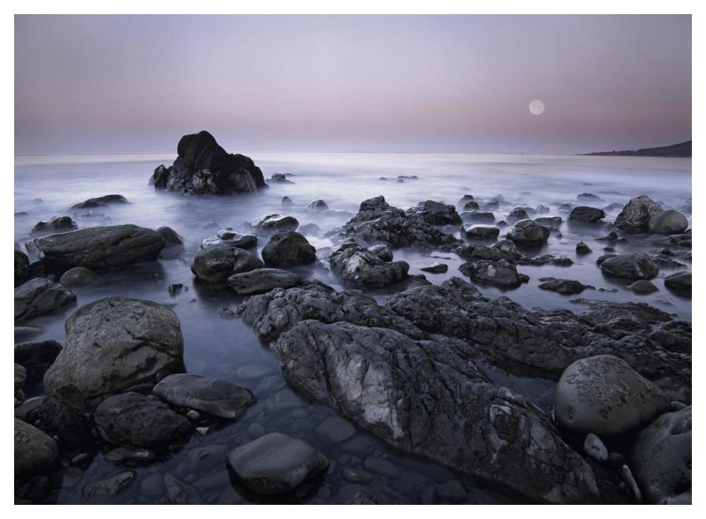 Full moon over boulders at El Pescador State Beach, Malibu, California-Paper Art-50"x38"