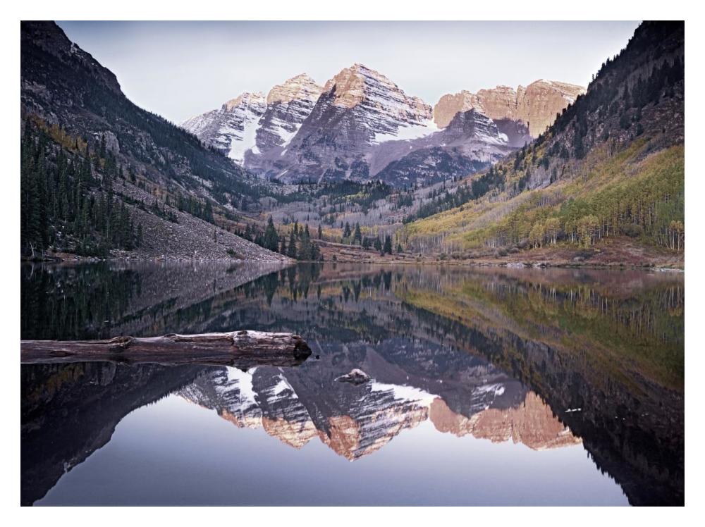 Maroon Bells reflected in Maroon Bells Lake, Snowmass Wilderness, White River National Forest, Colorado-Paper Art-18"x14"