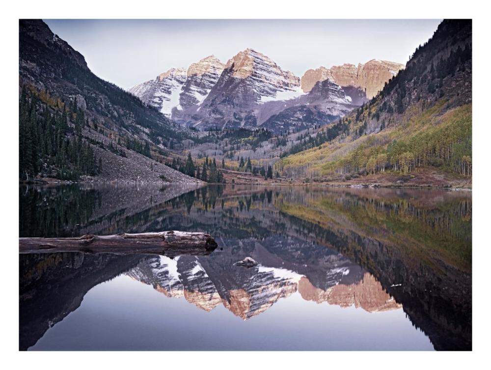 Maroon Bells reflected in Maroon Bells Lake, Snowmass Wilderness, White River National Forest, Colorado-Paper Art-26"x20"
