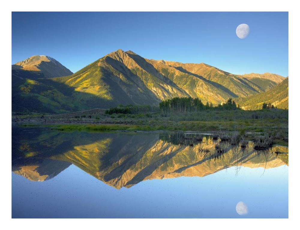 Moon and Twin Peaks reflected in lake, Colorado-Paper Art-26"x20"