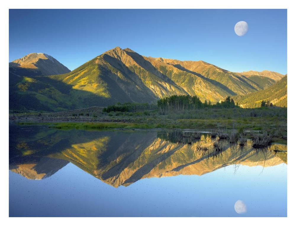 Moon and Twin Peaks reflected in lake, Colorado-Paper Art-34"x26"