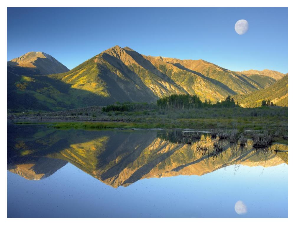 Moon and Twin Peaks reflected in lake, Colorado-Paper Art-42"x32"