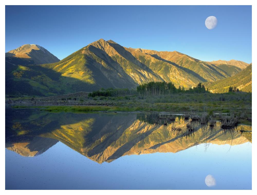 Moon and Twin Peaks reflected in lake, Colorado-Paper Art-50"x38"