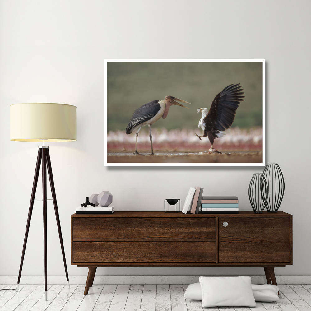 African Fish Eagle quarreling with Marabou Stork Kenya-Paper Art-62&quotx42"