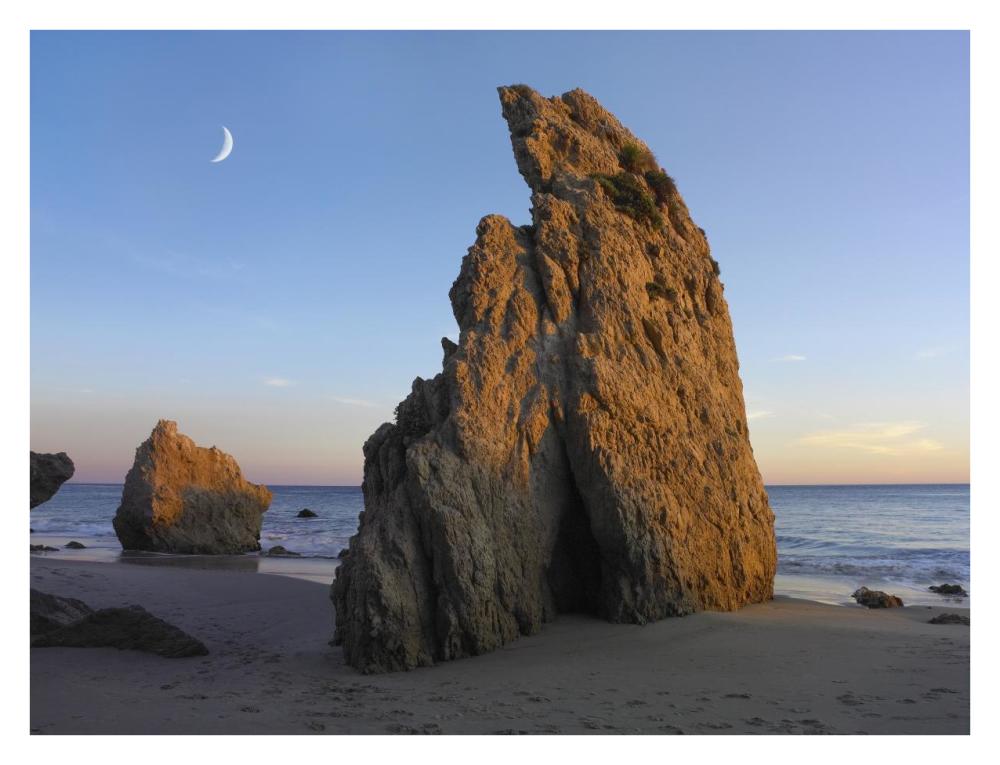 Crescent moon over El Matador Beach, Malibu, California-Paper Art-34"x26"