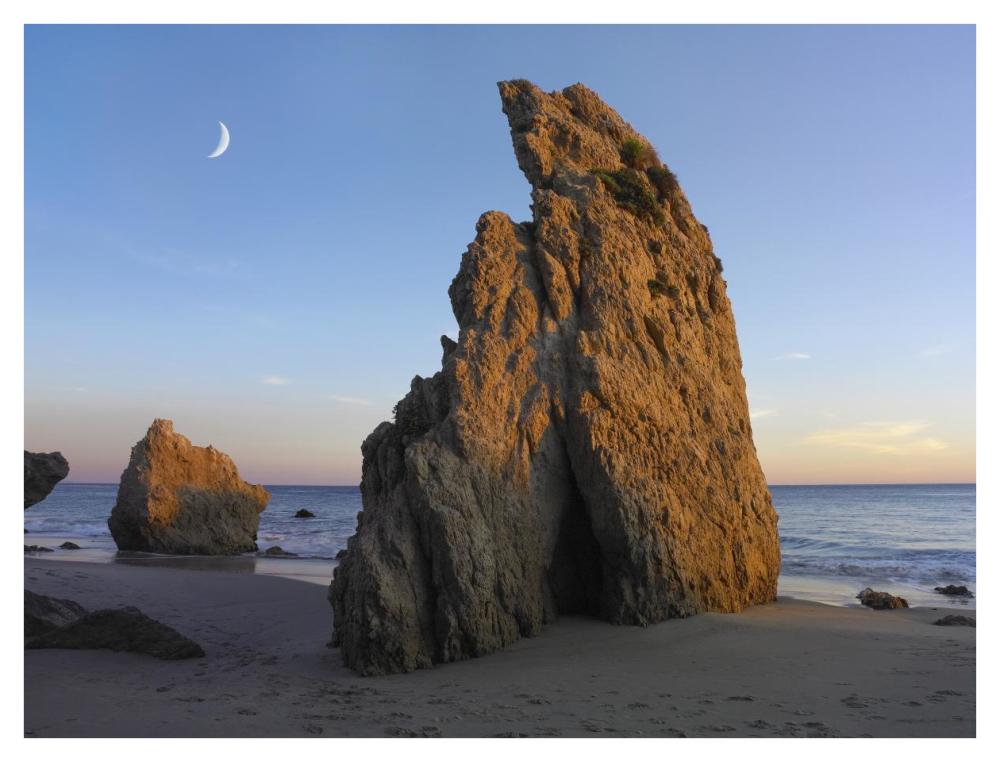 Crescent moon over El Matador Beach, Malibu, California-Paper Art-42"x32"