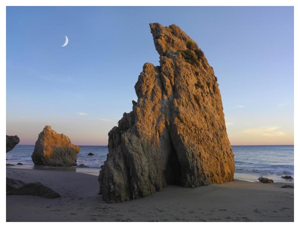 Crescent moon over El Matador Beach, Malibu, California-Paper Art-50"x38"