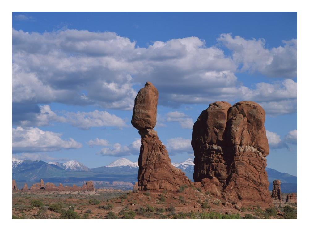 Balanced rock under cloudy skies, Arches National Park, Utah-Paper Art-26"x20"