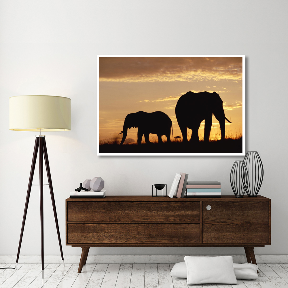 African Elephant mother and calf silhouetted at sunset, Kenya-Paper Art-62&quotx42"