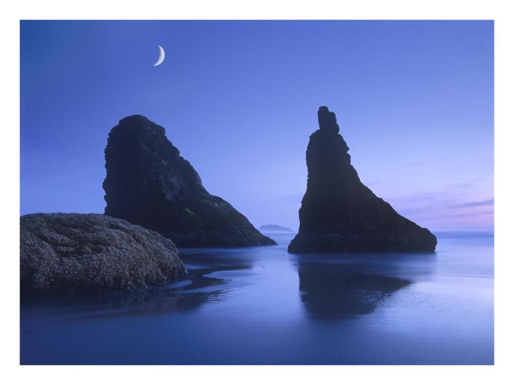Sea stacks at dusk along Bandon Beach with rising moon, Oregon-Paper Art-26"x20"