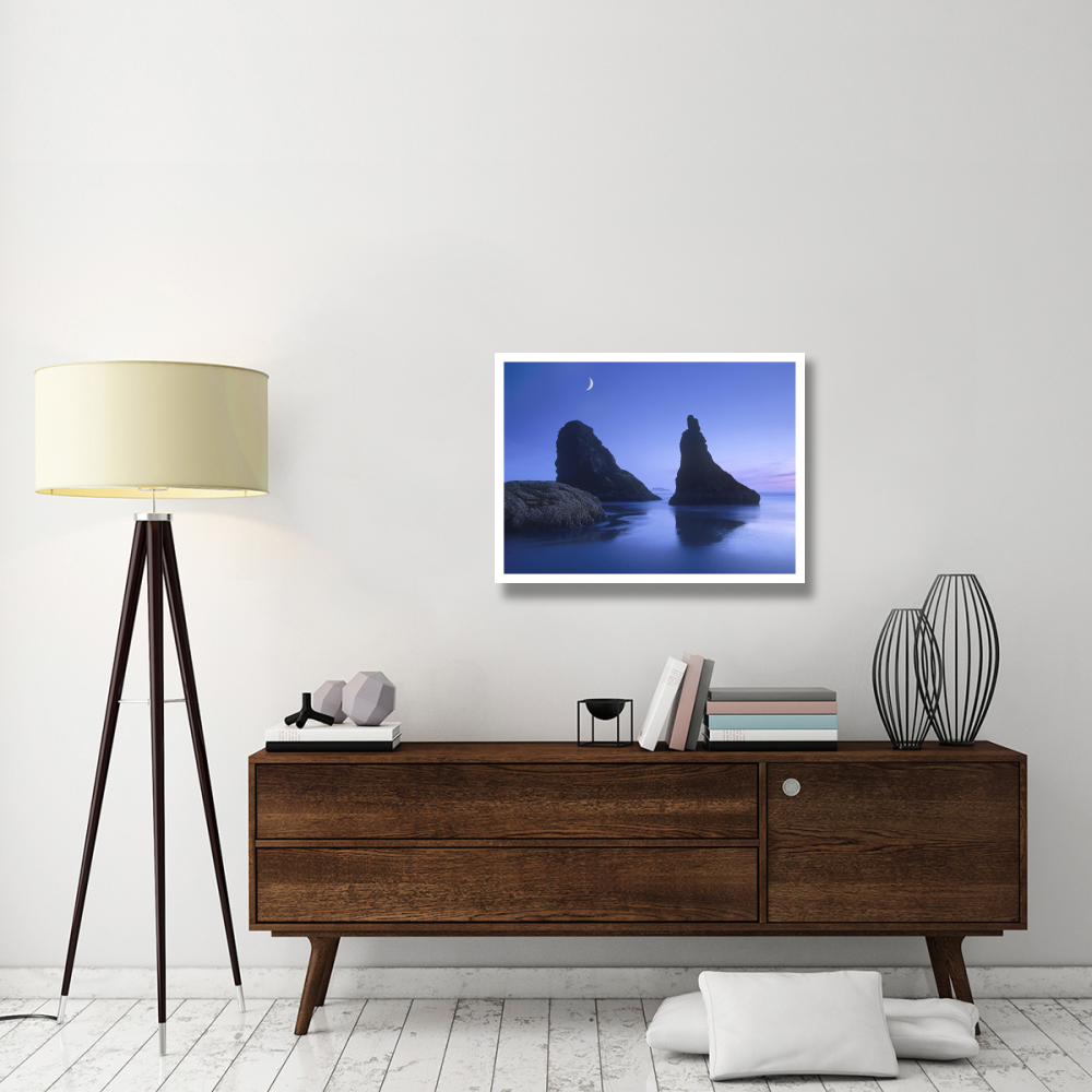 Sea stacks at dusk along Bandon Beach with rising moon, Oregon-Paper Art-34&quotx26"