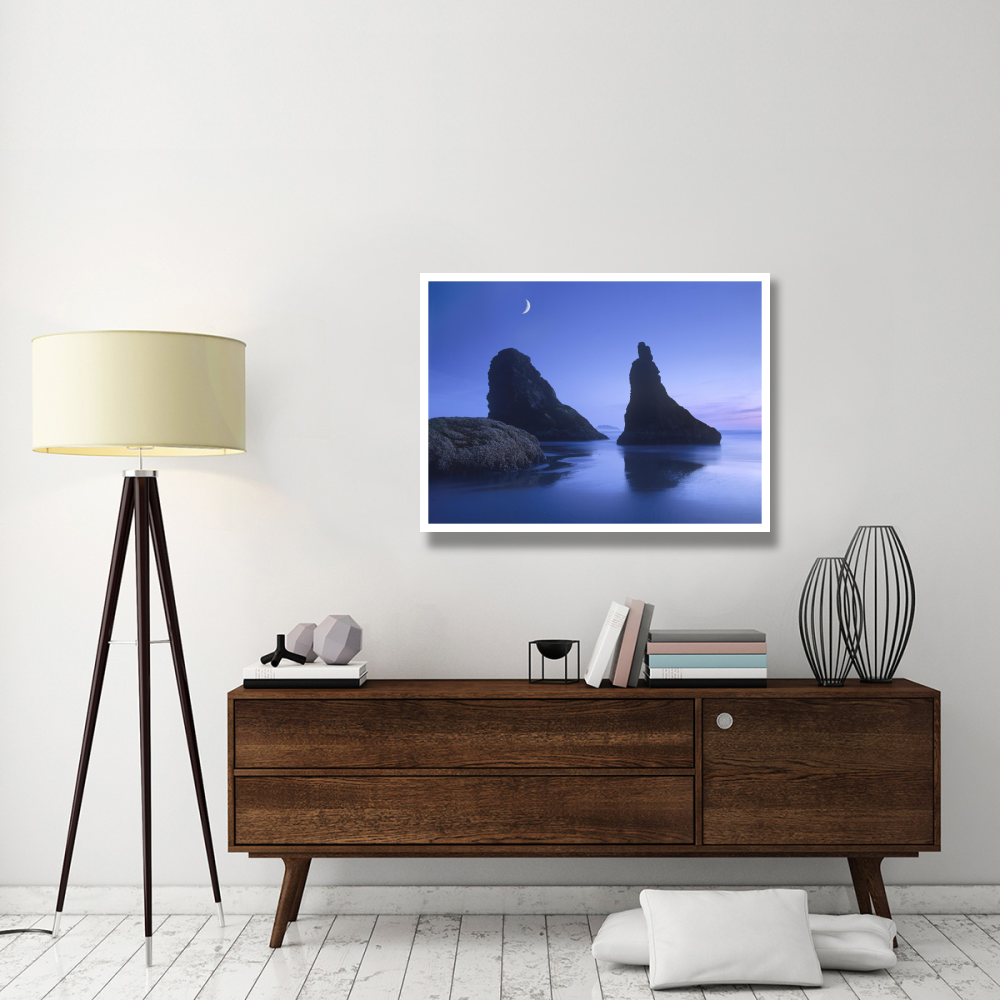 Sea stacks at dusk along Bandon Beach with rising moon, Oregon-Paper Art-42&quotx32"