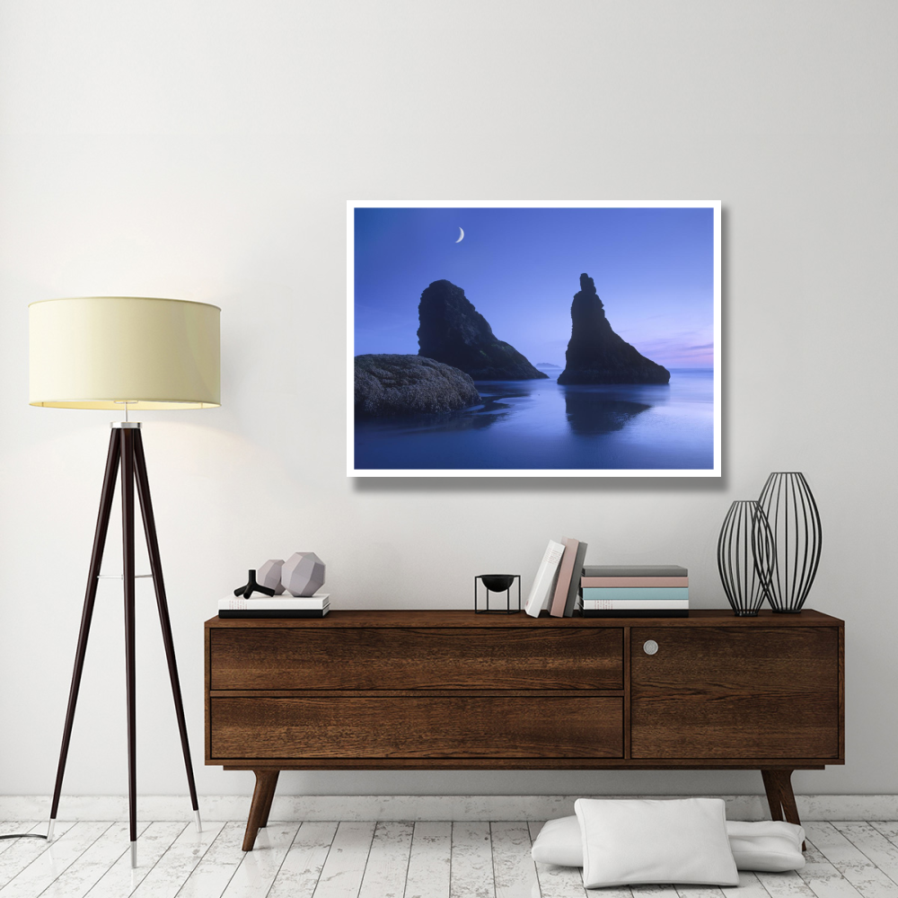 Sea stacks at dusk along Bandon Beach with rising moon, Oregon-Paper Art-50&quotx38"