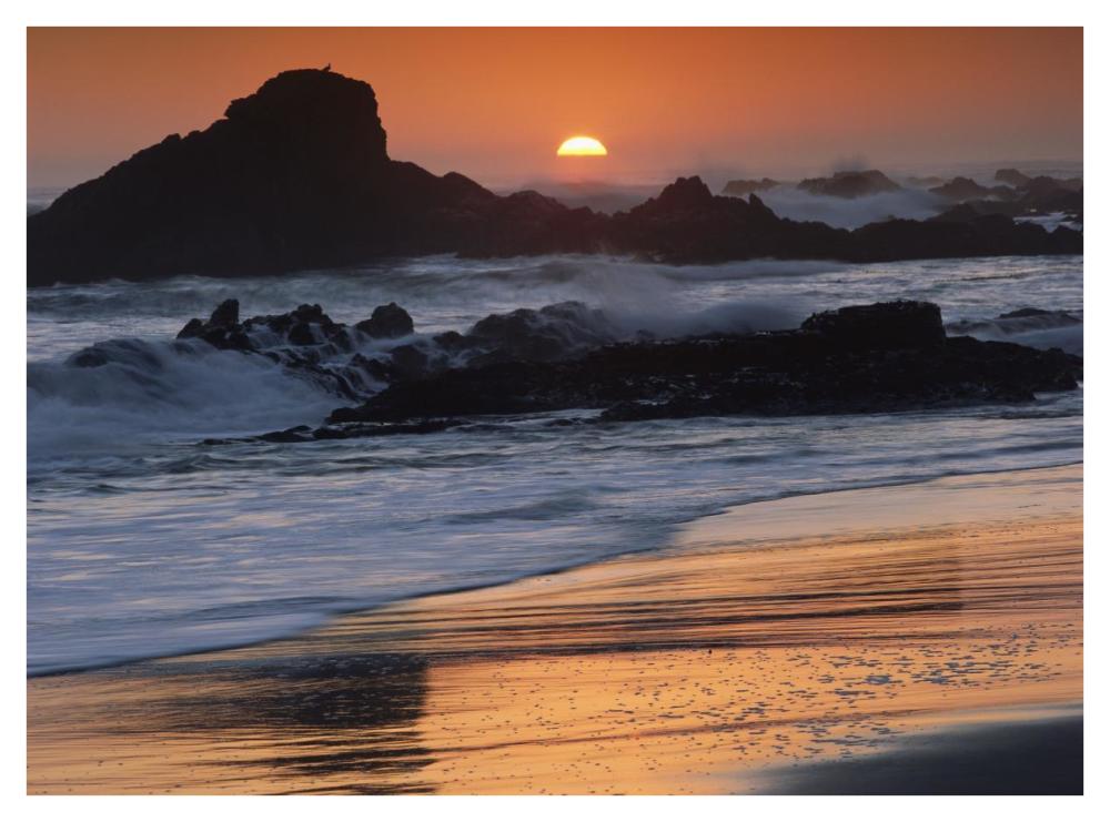 Crashing surf on rocks at sunset, Point Piedras Blancas, California-Paper Art-42"x32"