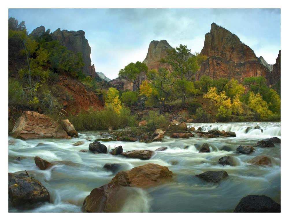 Court of the Patriarchs rising above river, Zion National Park, Utah-Paper Art-18"x14"
