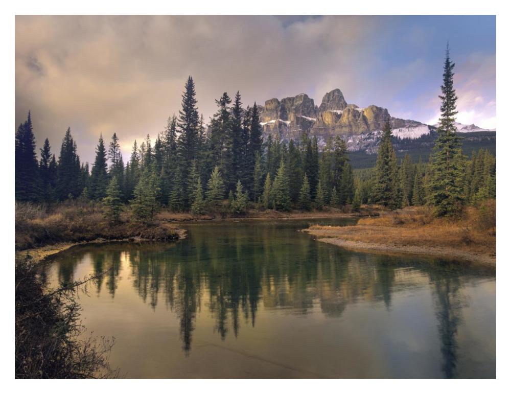 Castle Mountain and boreal forest reflected in lake, Alberta, Canada-Paper Art-18"x14"