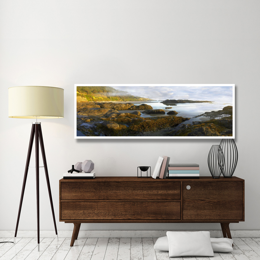 Panorama of Neptune Beach with exposed tide pools at low tide, Oregon-Paper Art-74&quotx26"