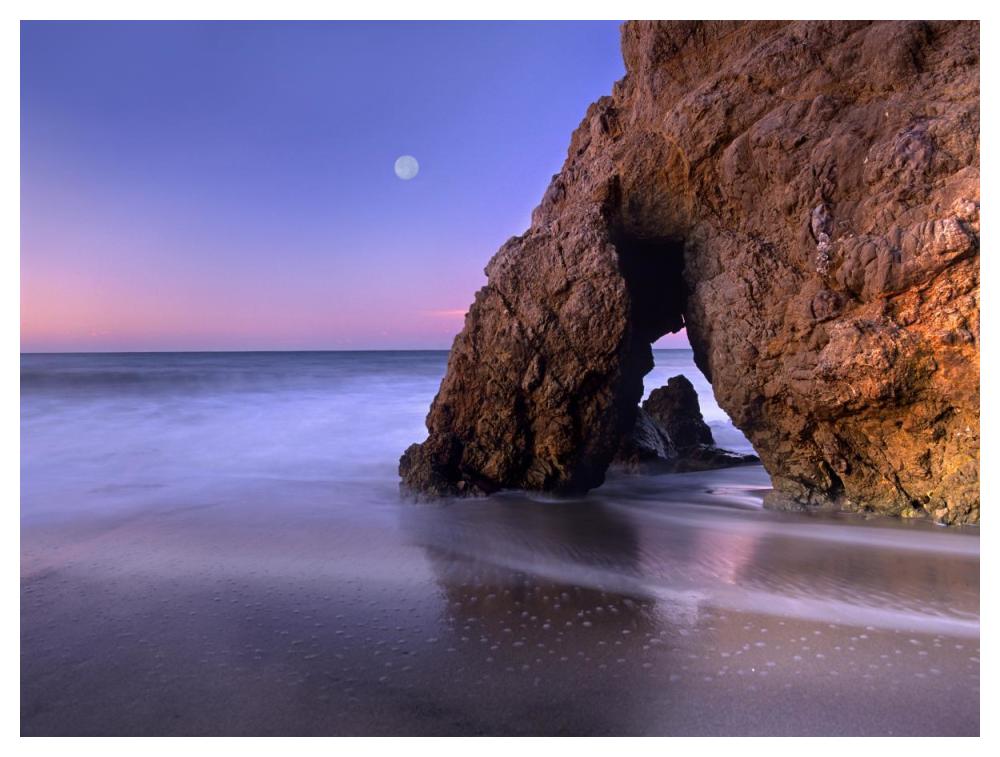 Sea arch and full moon over El Matador State Beach, Malibu, California-Paper Art-50"x38"
