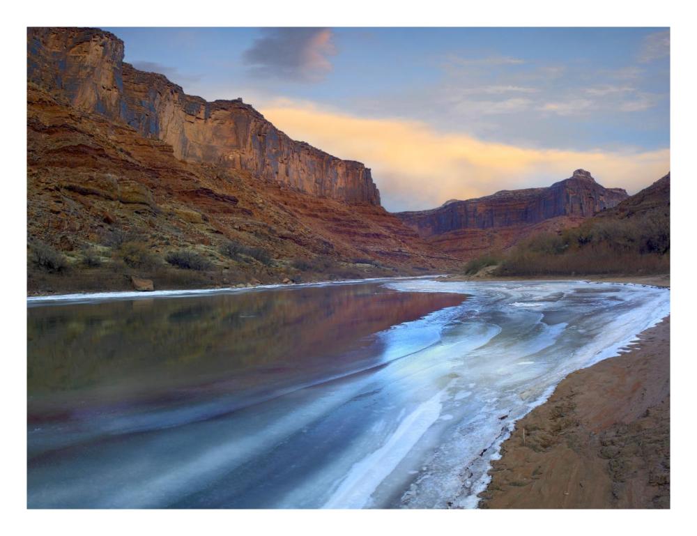 Ice on the Colorado River beneath sandstone cliffs, Cataract Canyon, Utah-Paper Art-26"x20"
