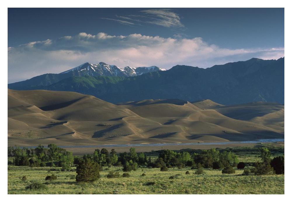 750 foot tall sand dunes rise against the Sangre de Cristo Mountains, Great Sand Dunes National Monument, Colorado-Paper Art-20"x14"