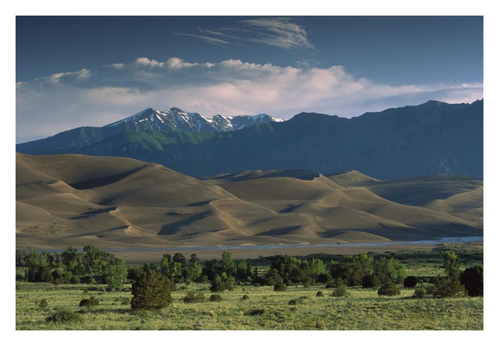 750 foot tall sand dunes rise against the Sangre de Cristo Mountains, Great Sand Dunes National Monument, Colorado-Paper Art-32"x22"