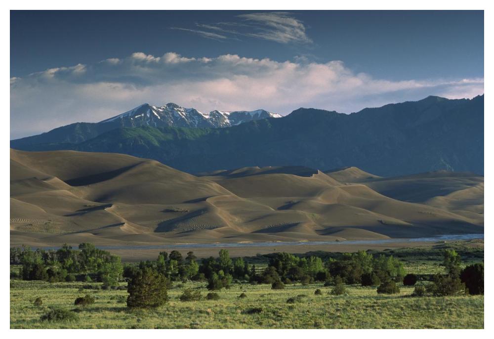 750 foot tall sand dunes rise against the Sangre de Cristo Mountains, Great Sand Dunes National Monument, Colorado-Paper Art-50"x34"