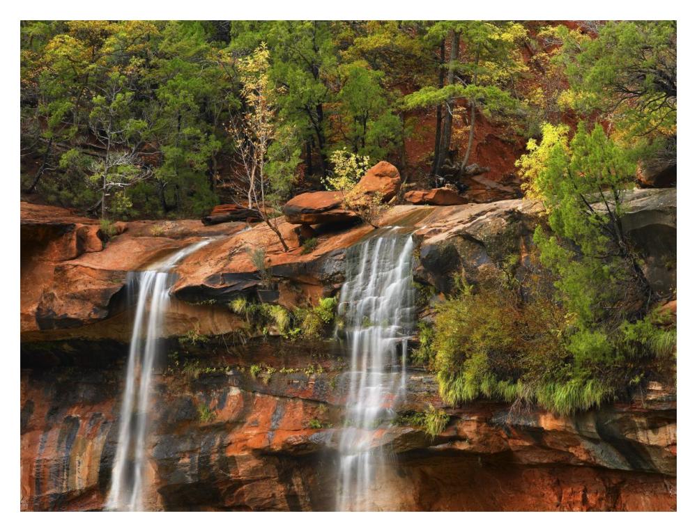 Cascades tumbling 110 feet at Emerald Pools, Zion National Park, Utah-Paper Art-18"x14"