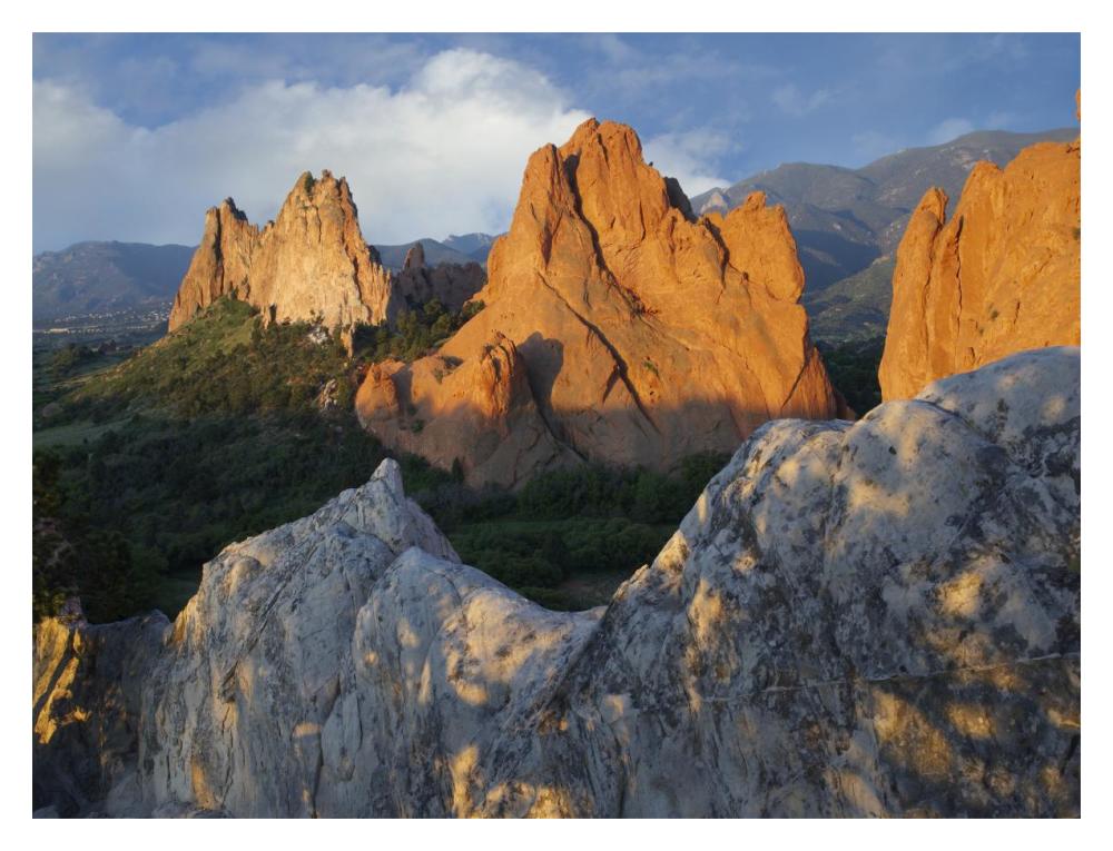 Gray Rock and South Gateway Rock, conglomerate sandstone formations, Garden of the Gods, Colorado Springs, Colorado-Paper Art-18"x14"
