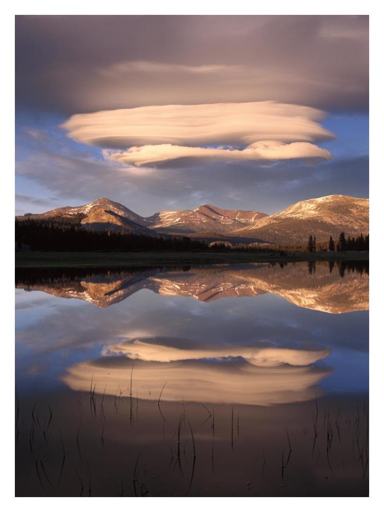 Lenticular clouds over Mt Dana, Mt Gibbs and Mammoth Peak reflected in flooded Tuolumne Meadows, Yosemite National Park, California-Paper Art-14"x18"