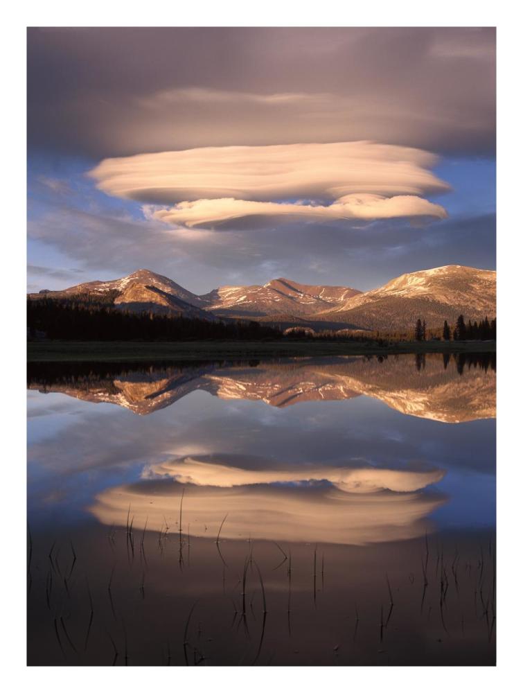 Lenticular clouds over Mt Dana, Mt Gibbs and Mammoth Peak reflected in flooded Tuolumne Meadows, Yosemite National Park, California-Paper Art-20"x26"