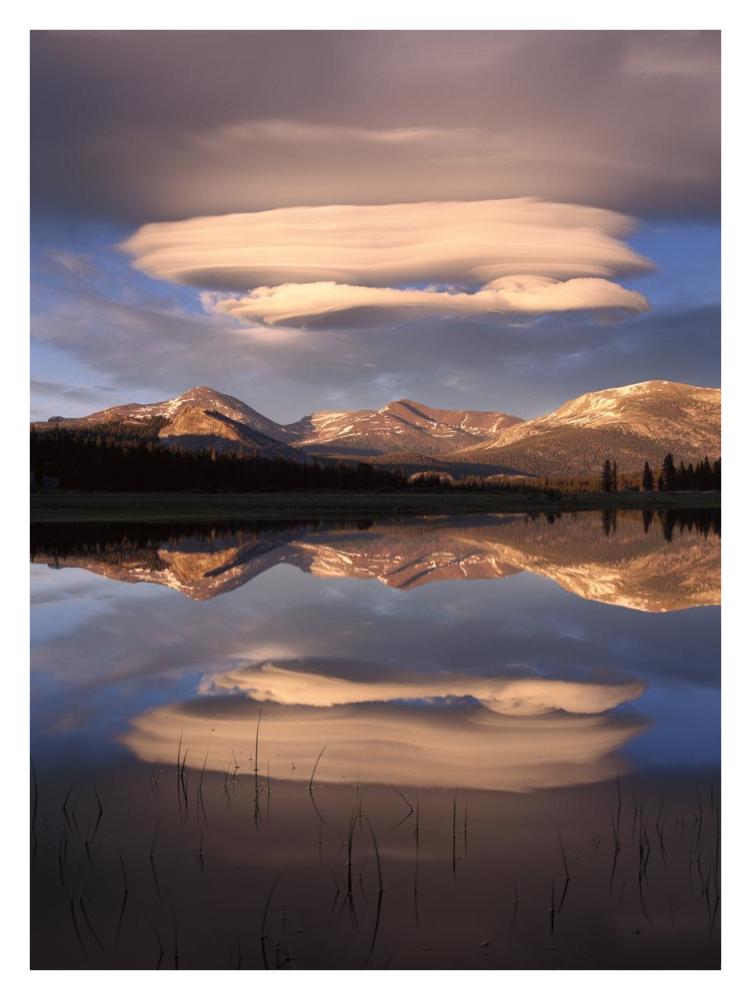 Lenticular clouds over Mt Dana, Mt Gibbs and Mammoth Peak reflected in flooded Tuolumne Meadows, Yosemite National Park, California-Paper Art-26"x34"