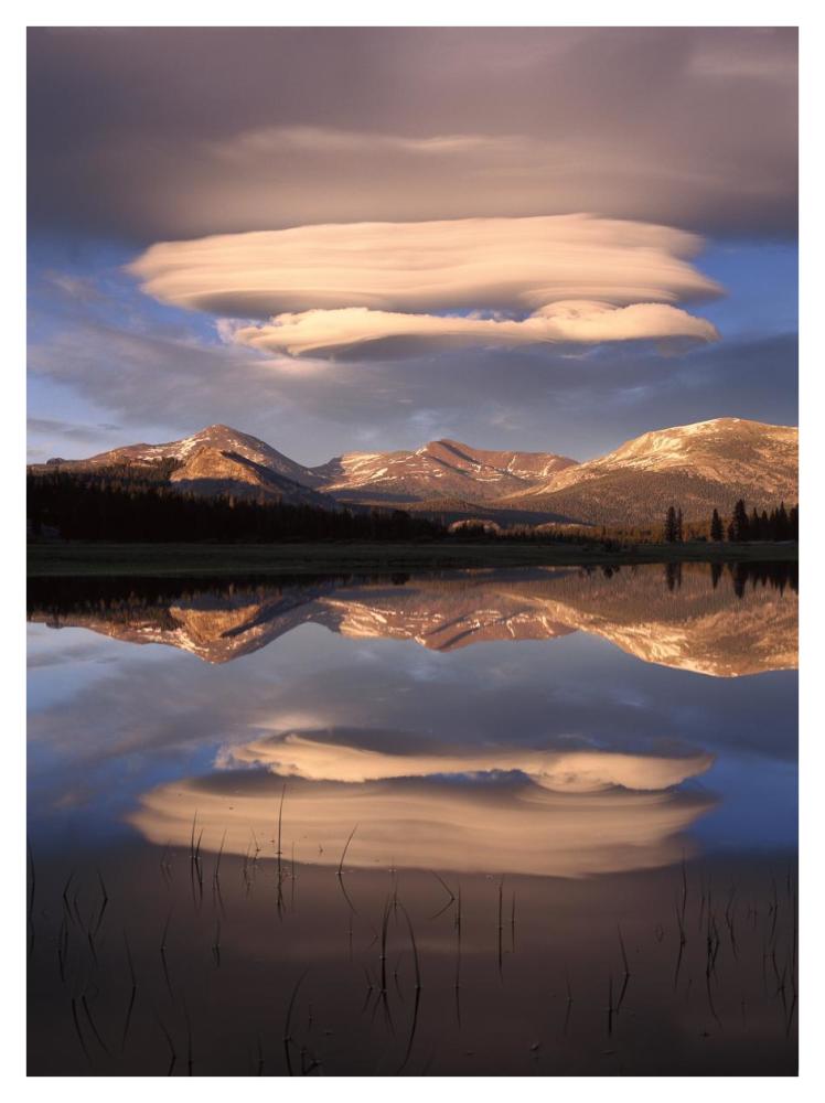 Lenticular clouds over Mt Dana, Mt Gibbs and Mammoth Peak reflected in flooded Tuolumne Meadows, Yosemite National Park, California-Paper Art-32"x42"