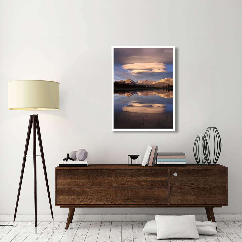 Lenticular clouds over Mt Dana, Mt Gibbs and Mammoth Peak reflected in flooded Tuolumne Meadows, Yosemite National Park, California-Paper Art-32&quotx42"
