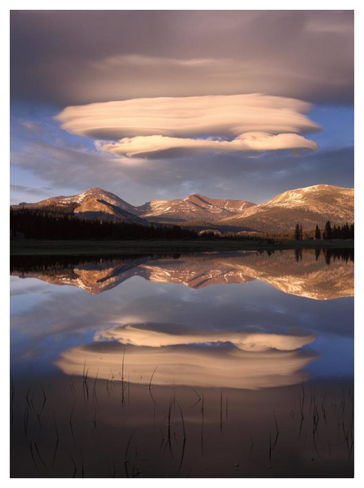 Lenticular clouds over Mt Dana, Mt Gibbs and Mammoth Peak reflected in flooded Tuolumne Meadows, Yosemite National Park, California-Paper Art-38"x50"