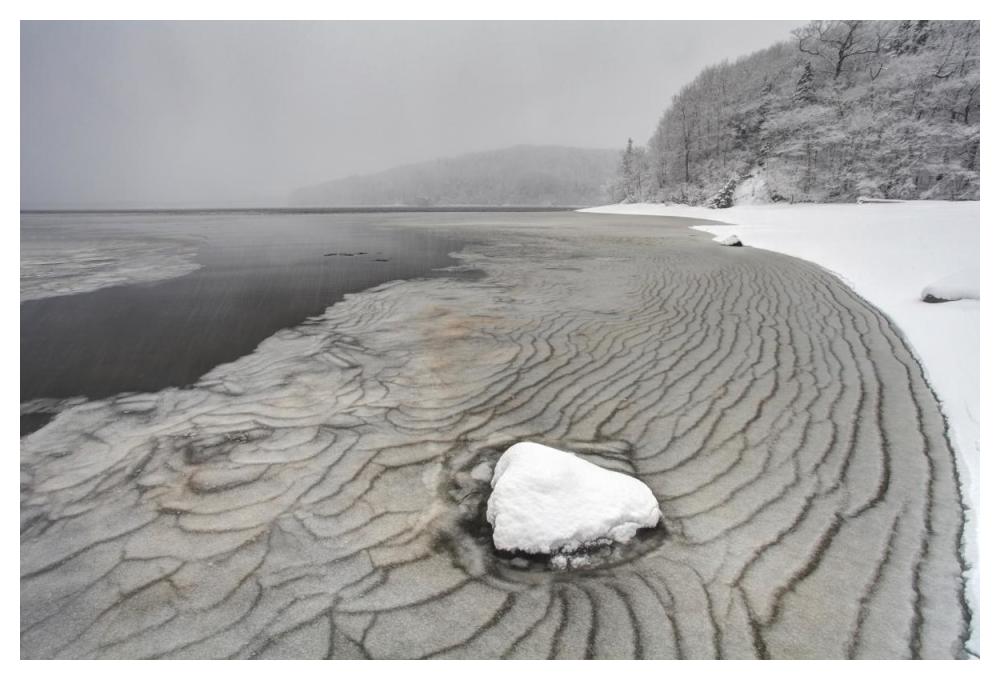 Pleated ice along lake shore in winter, Nova Scotia, Canada-Paper Art-50"x34"