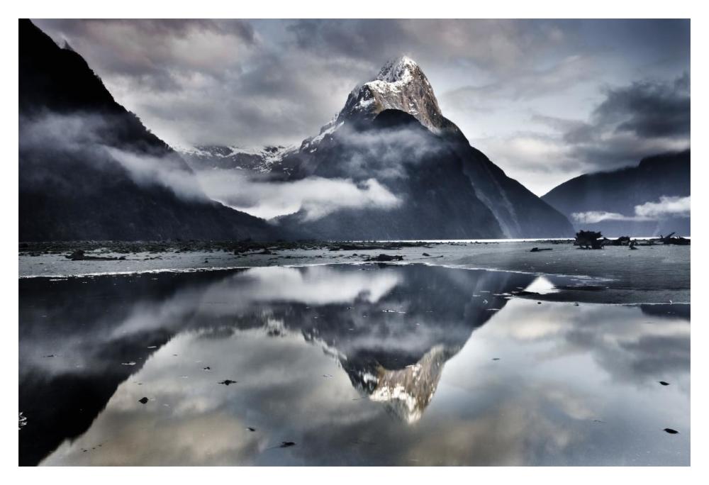 Mitre Peak reflecting in Milford Sound in winter at dawn, Fiordland National Park, New Zealand-Paper Art-20"x14"