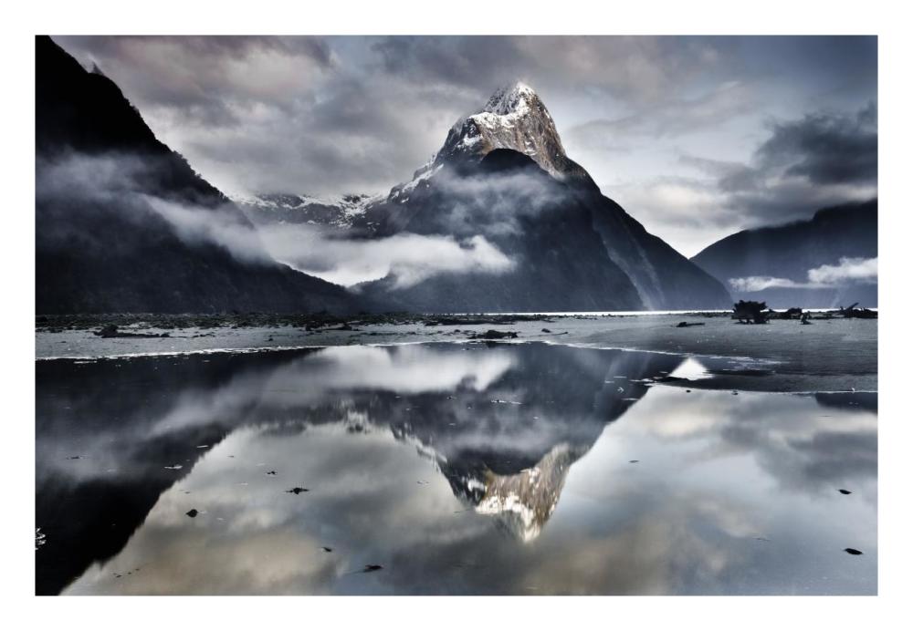 Mitre Peak reflecting in Milford Sound in winter at dawn, Fiordland National Park, New Zealand-Paper Art-26"x18"