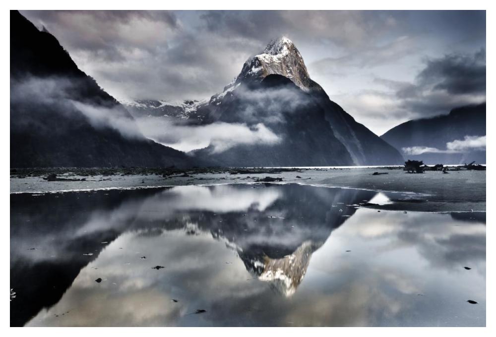 Mitre Peak reflecting in Milford Sound in winter at dawn, Fiordland National Park, New Zealand-Paper Art-50"x34"