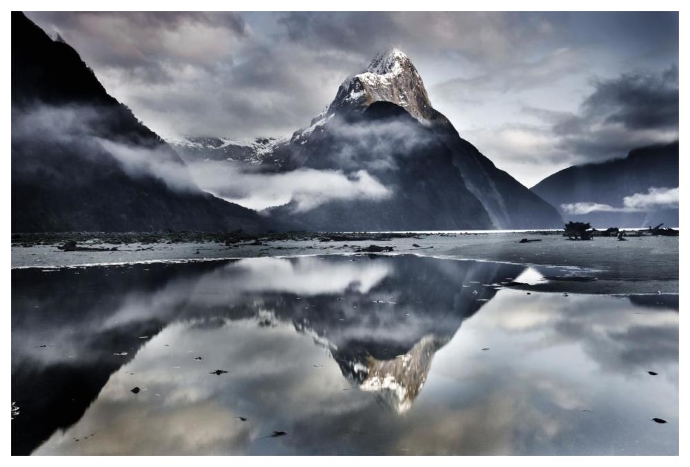 Mitre Peak reflecting in Milford Sound in winter at dawn, Fiordland National Park, New Zealand-Paper Art-62"x42"